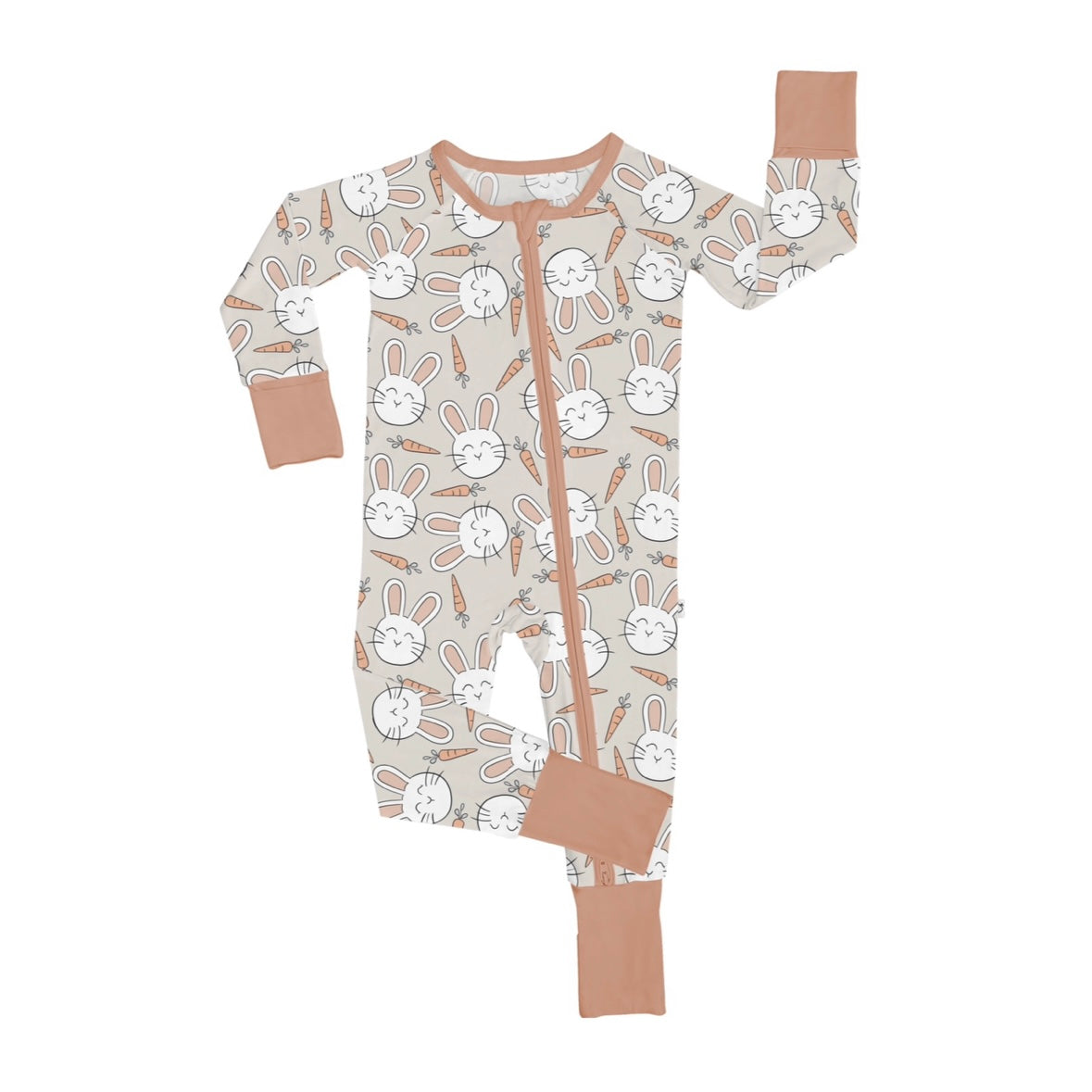 The Snuggle Bunny • Bamboo Zippy (Updated Fit) is a beige bamboo onesie with white cartoon bunnies, carrots, peach trim, a comfy grow-with-me design, and features one sleeve and one leg raised.