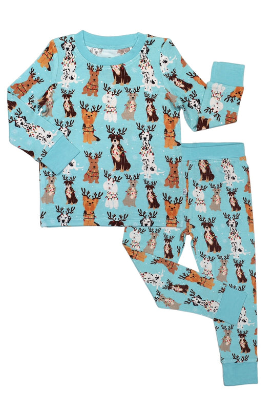 The Festive Friends • 2 Piece Bamboo Set (Updated Fit) features light blue children’s pajamas with colorful cartoon reindeer, including a long-sleeve top and matching pants for cozy comfort.