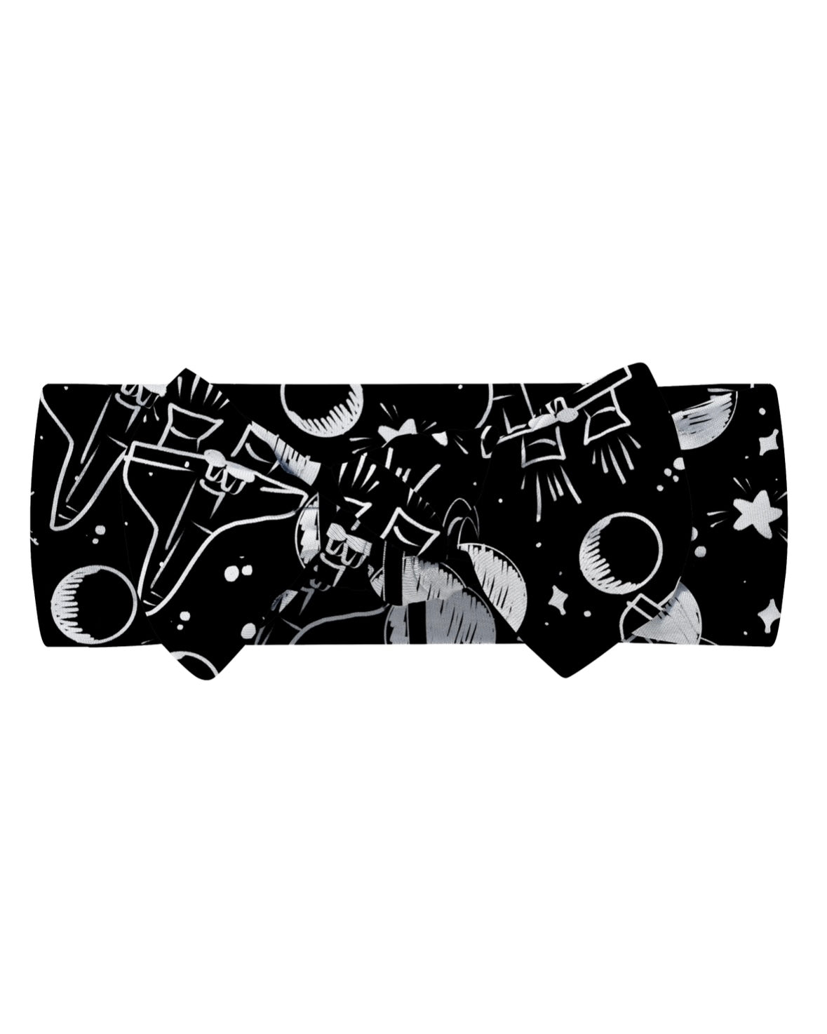 The Blast Off! • Bow Headwrap is a black bamboo viscose newborn headband featuring a white hand-drawn space pattern with rockets, planets, stars, and comets on stretchy fabric.