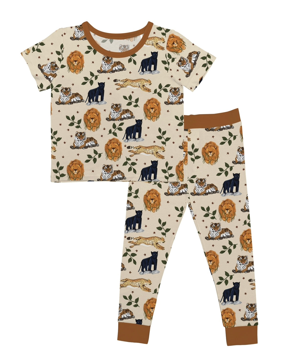 The Safari Friends • 2 Piece Bamboo Set (Updated Fit) features beige pajamas with lions, tigers, leopards, black panthers, and leaves. Made from soft bamboo viscose with brown neckline and cuffs. Includes a short-sleeve top and long pants.