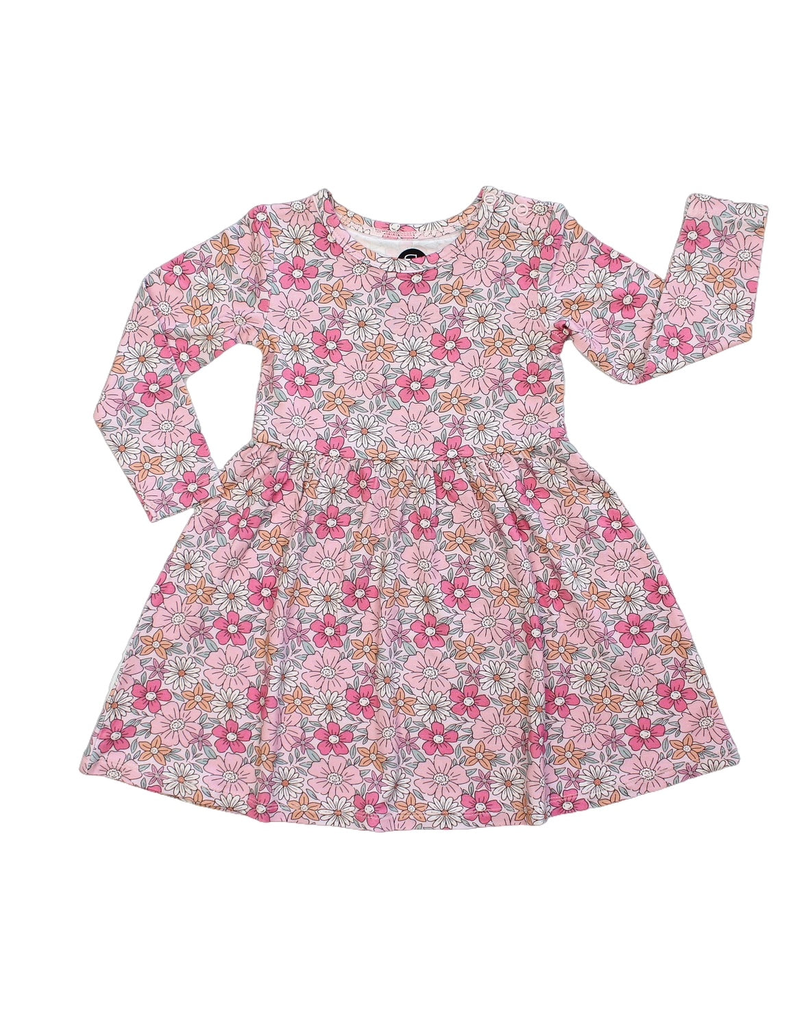 The Spring Bloom • Twirl Dress is a long-sleeve, knee-length pink childrens dress with a floral pattern in pink, white, and brown. Made from super stretchy bamboo fabric, it features a round neckline and gently flared skirt.