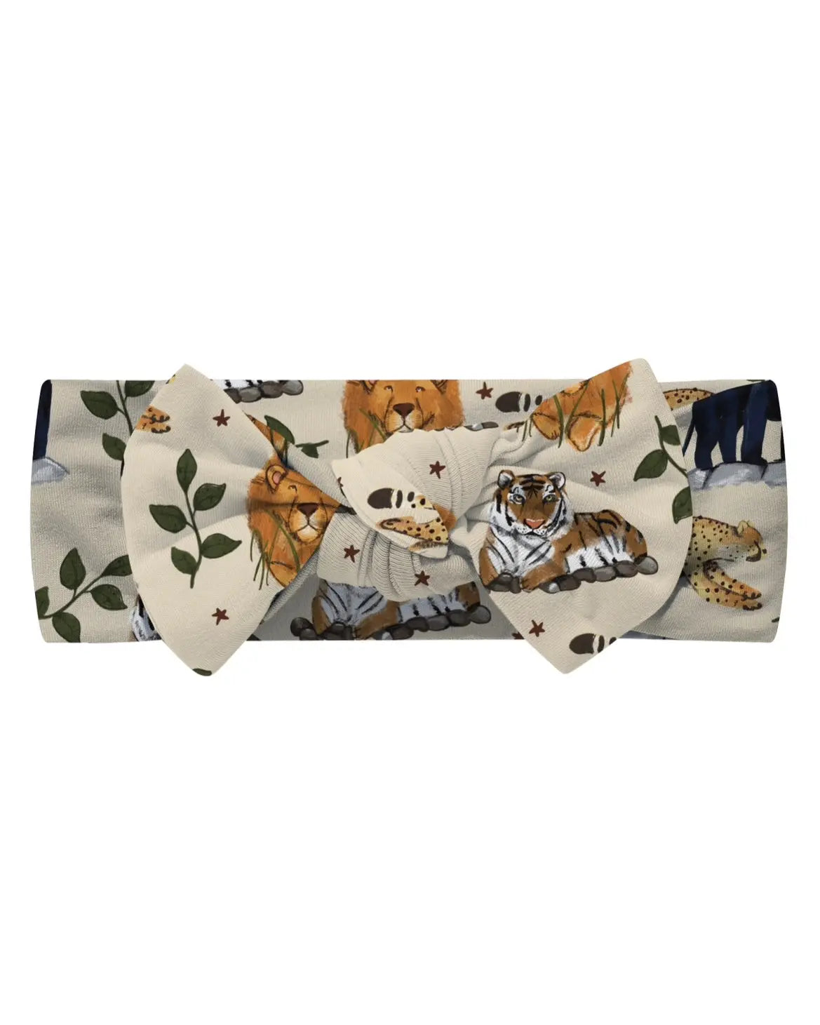 The Safari Friends • Bow Headwrap is a cream bow headband crafted from soft, stretchy bamboo fabric, adorned with wild animal illustrations like lions, tigers, cheetahs, and lush foliage.