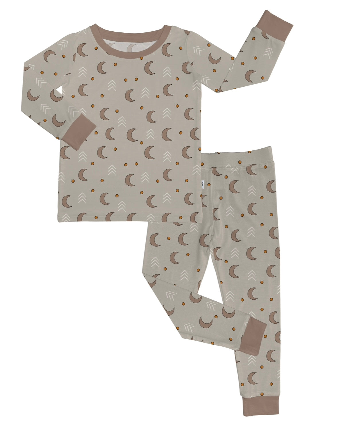 The Crescent • 2 Piece Bamboo Set (Updated Fit) is a long-sleeve, pants pajama set for kids, made from soft bamboo viscose. It features a beige base with brown moons, dots, white abstract trees, and solid brown cuffs and collar—great for sensitive skin.