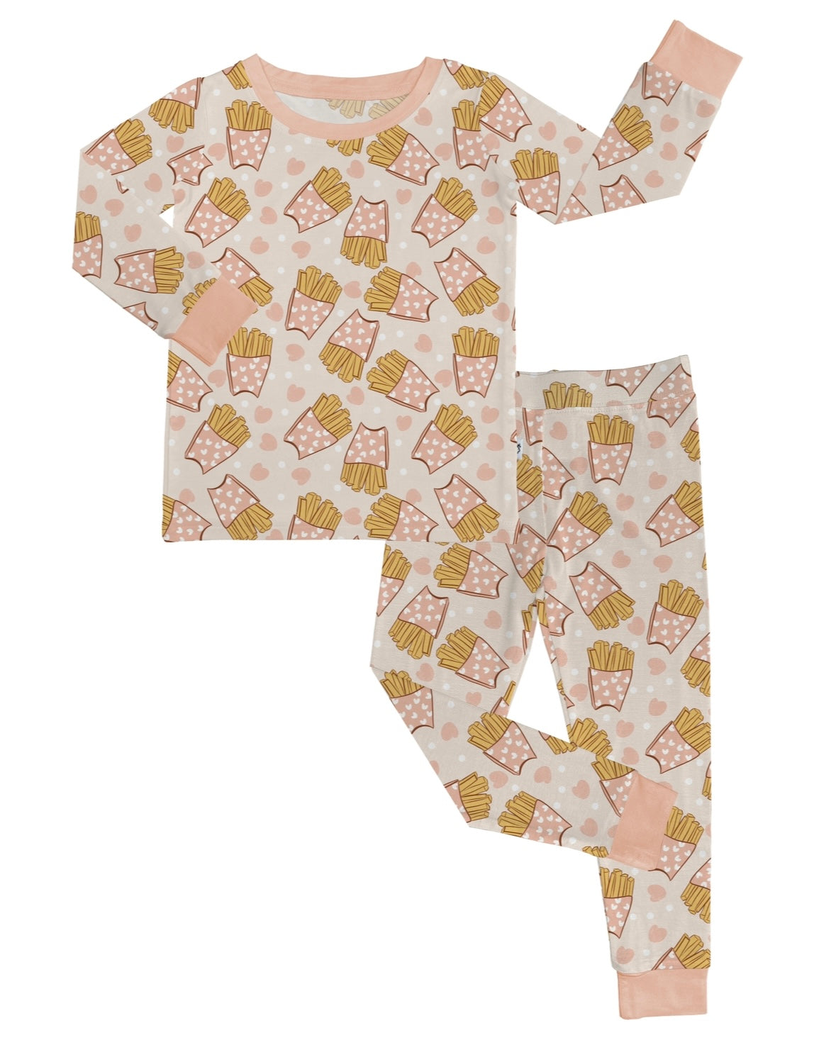 Fries Before Guys • 2 Piece Bamboo Set (Updated Fit): Children’s long-sleeve bamboo pajamas with pink trim, featuring French fries in boxes and pink polka dots on a white background.