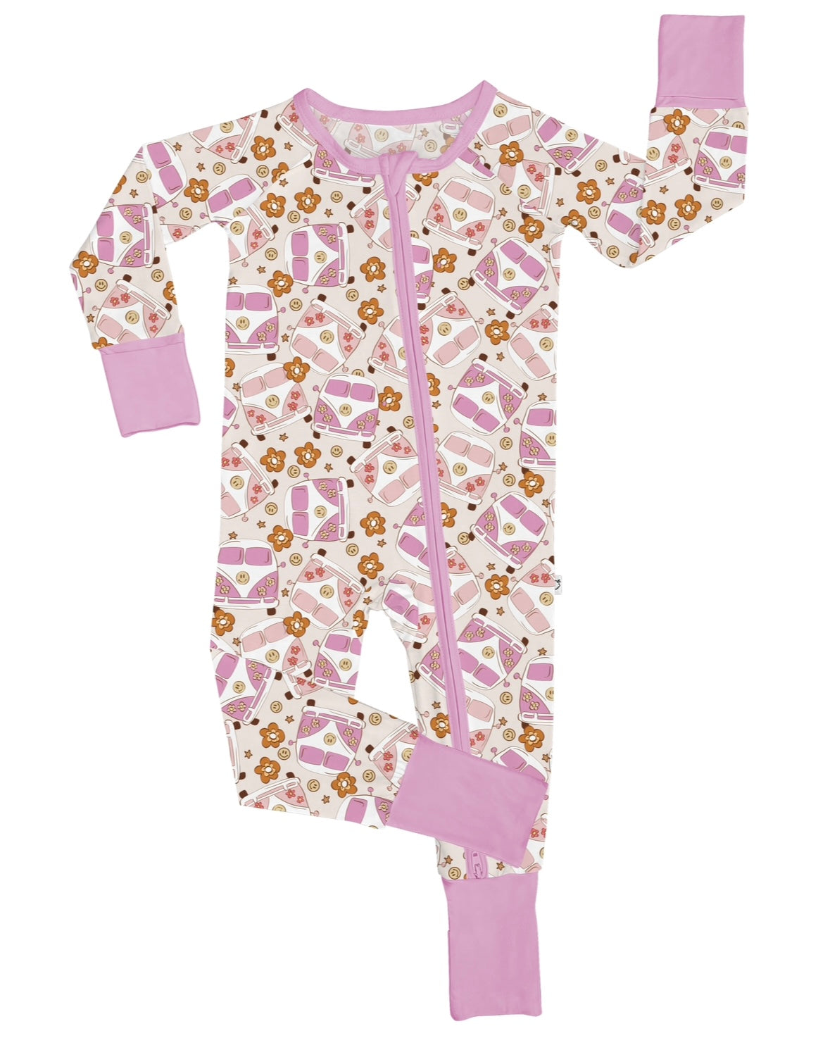 The Groovy Baby • Bamboo Zippy (Updated Fit) is a cozy footless pajama for babies/toddlers with a pink zipper, pink cuffs, and a sweet cookies and milk pattern on a white background.
