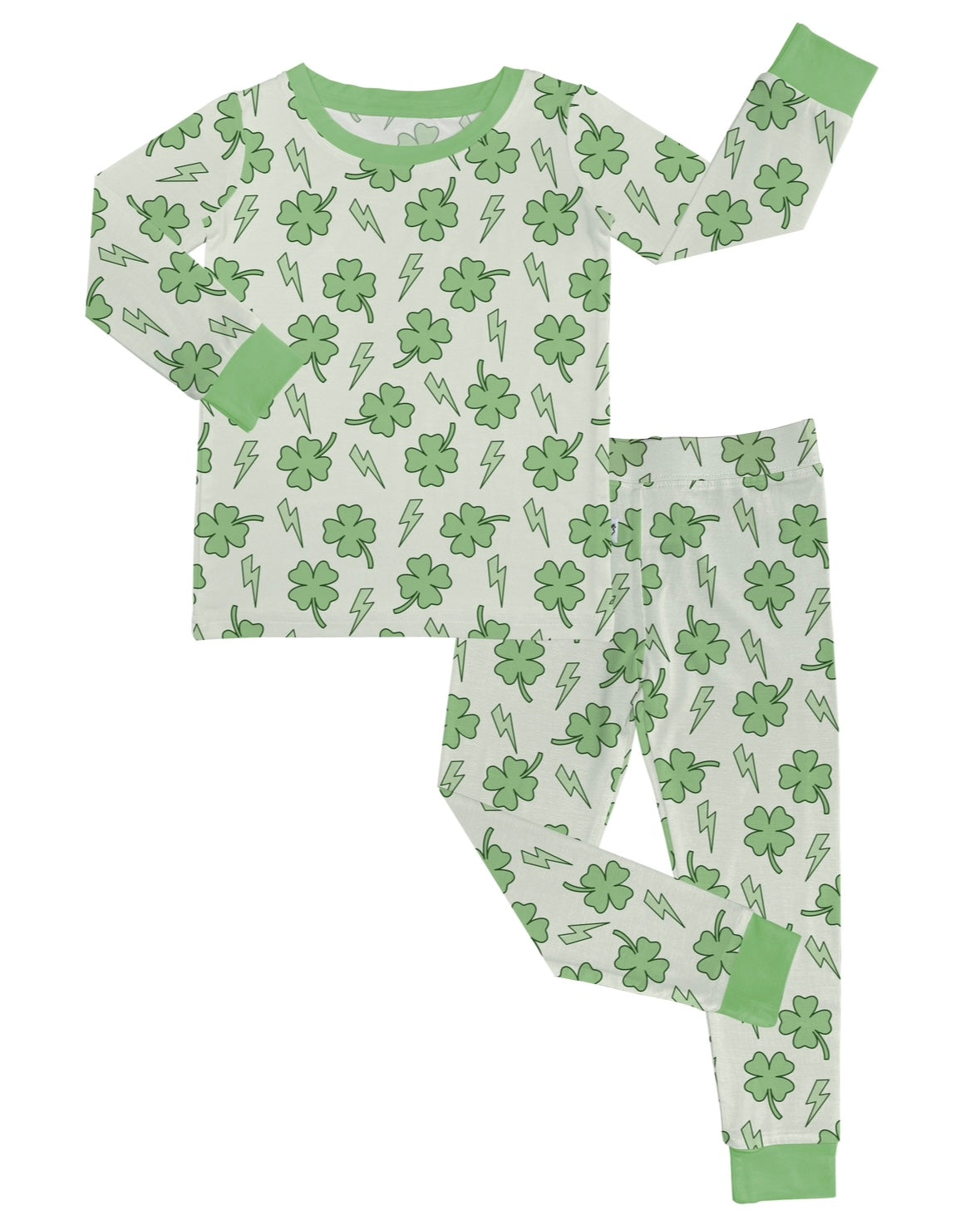 The Clover Bolt • 2 Piece Bamboo Set (Updated Fit) is a children’s pajama set featuring long sleeves and pants made from soft bamboo, with green four-leaf clover and lightning bolt prints plus solid light green cuffs, collar, and pant hems.