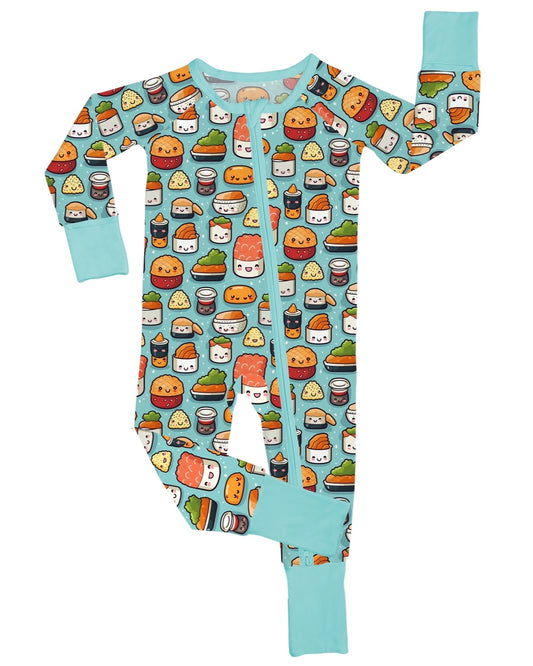 Introduce your little one to the Sushi Rolls • Bamboo Zippy (Updated Fit): a cozy, colorful onesie with light blue trim, playful smiling sushi and snacks print, grow-with-me sizing, and a convenient diagonal neck-to-leg zipper.