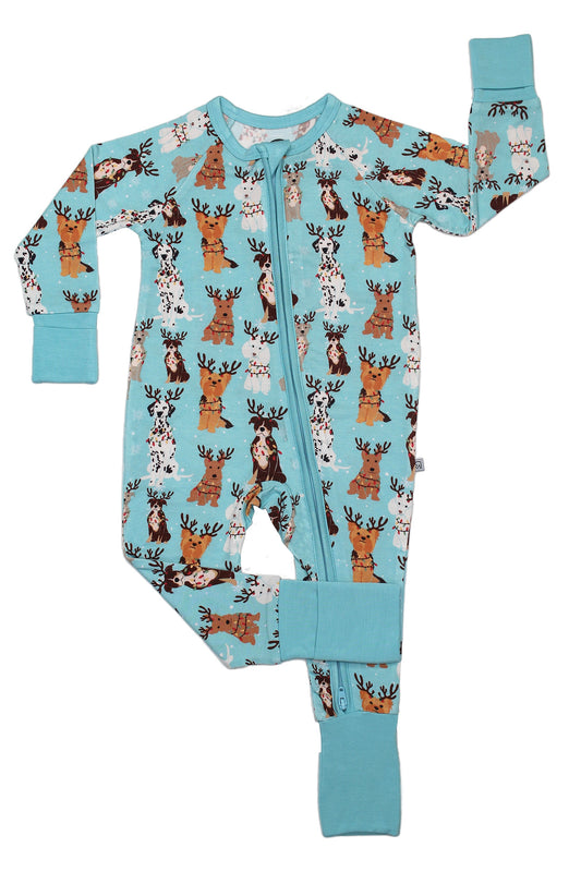 The Festive Friends • Bamboo Zippy (Updated Fit) is a soft bamboo viscose baby onesie in blue, featuring a playful brown and white reindeer pattern, front zipper closure, and fold-over cuffs on both sleeves and legs.