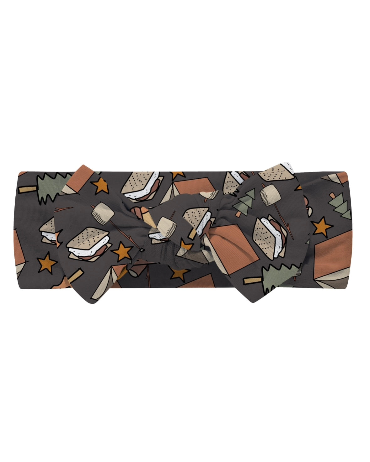 The Smore Fun • Bow Headwrap is a dark, stretchy bamboo viscose headband with a bow, featuring a camping pattern of s’mores, marshmallows, stars, campfires, and green pine trees for comfy adventures.