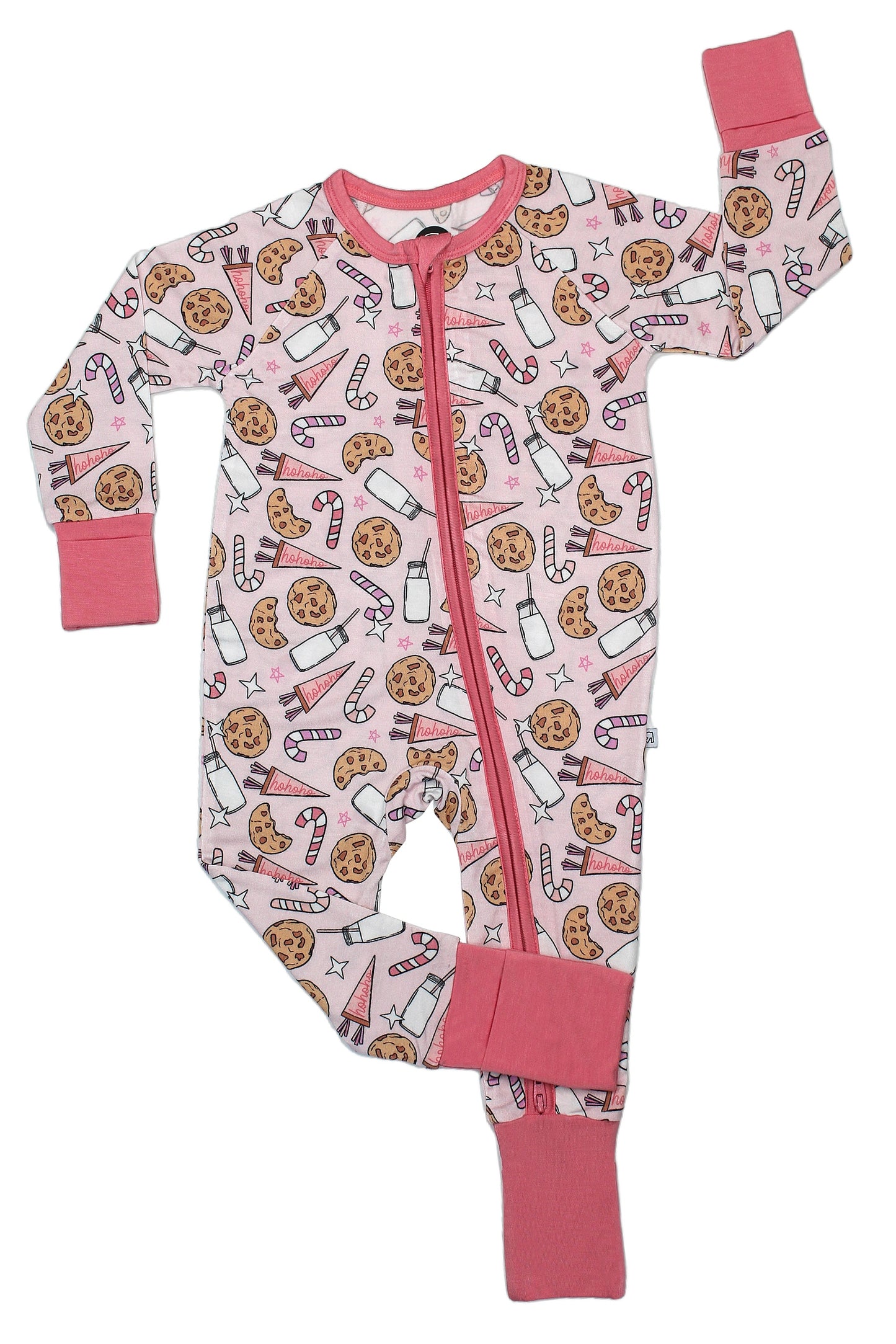 The Milk & Cookies • Bamboo Zippy (Updated Fit) is a cozy baby onesie with pink trim and cuffs, featuring cookies, candy canes, and milk bottles on white bamboo viscose. It offers a front zipper and attached foot coverings for comfort.