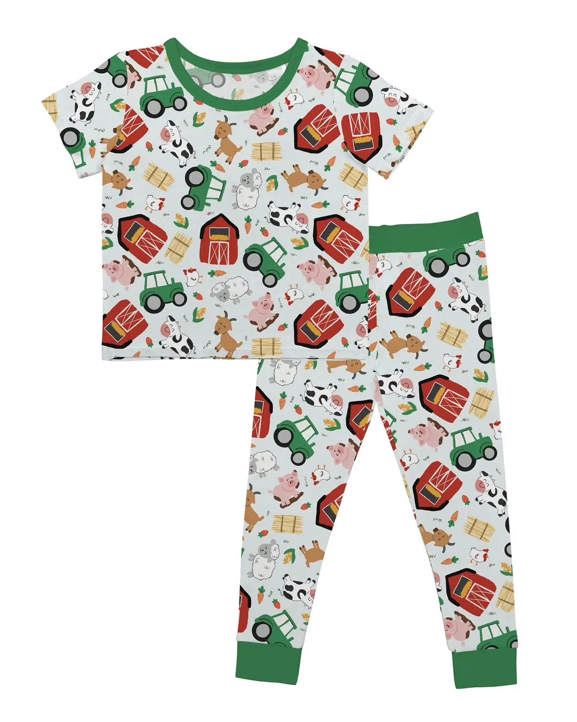 The Tractor Trails • 2 Piece Bamboo Set (Updated Fit) features a vibrant farm print with tractors, barns, animals, and more. Made from super stretchy bamboo fabric with green cuffs and collar for comfort.