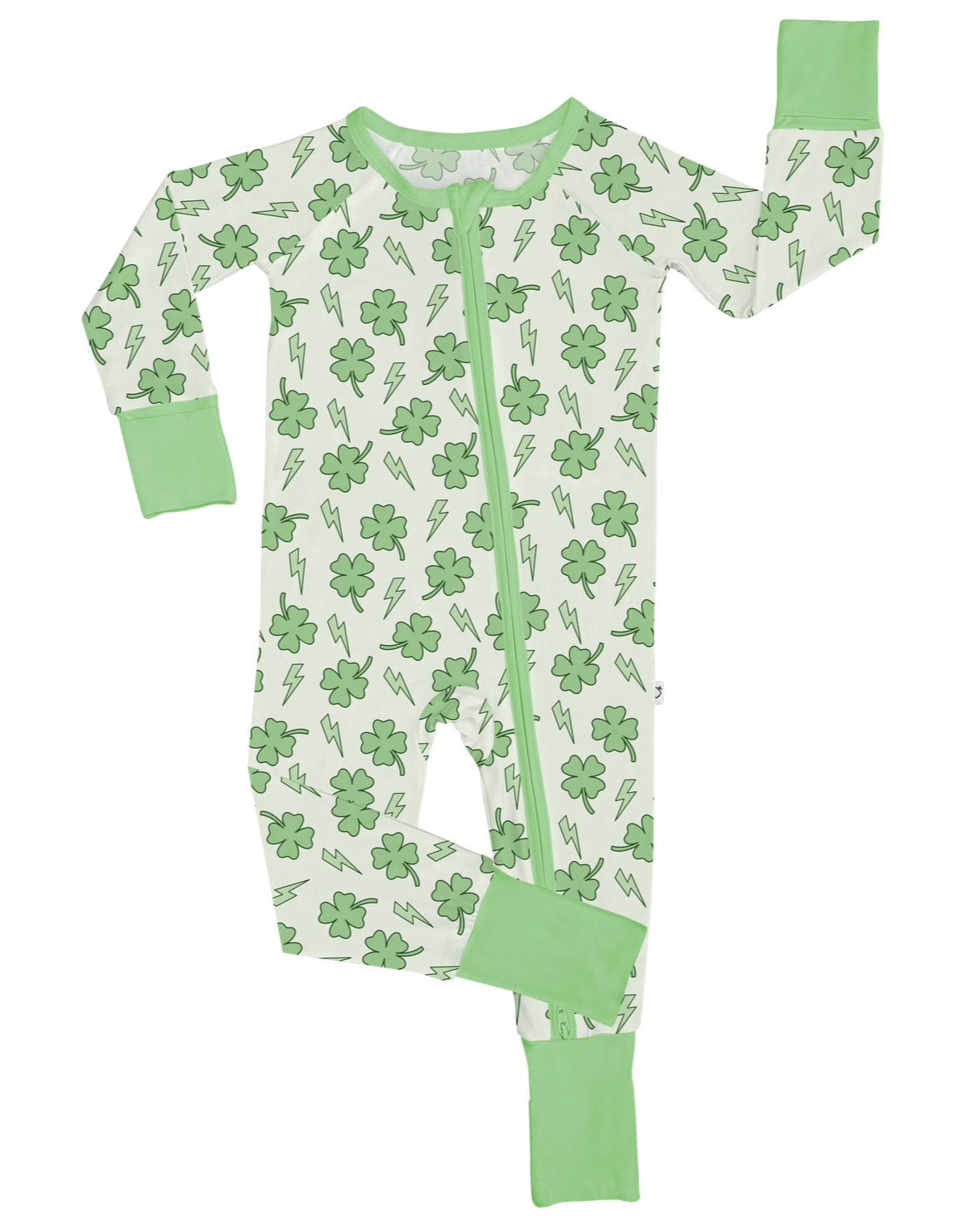 The Clover Bolt • Bamboo Zippy (Updated Fit) is a white bamboo onesie with green trim, featuring four-leaf clovers and lightning bolts, a front zipper, and is shown flat with one arm and leg raised.