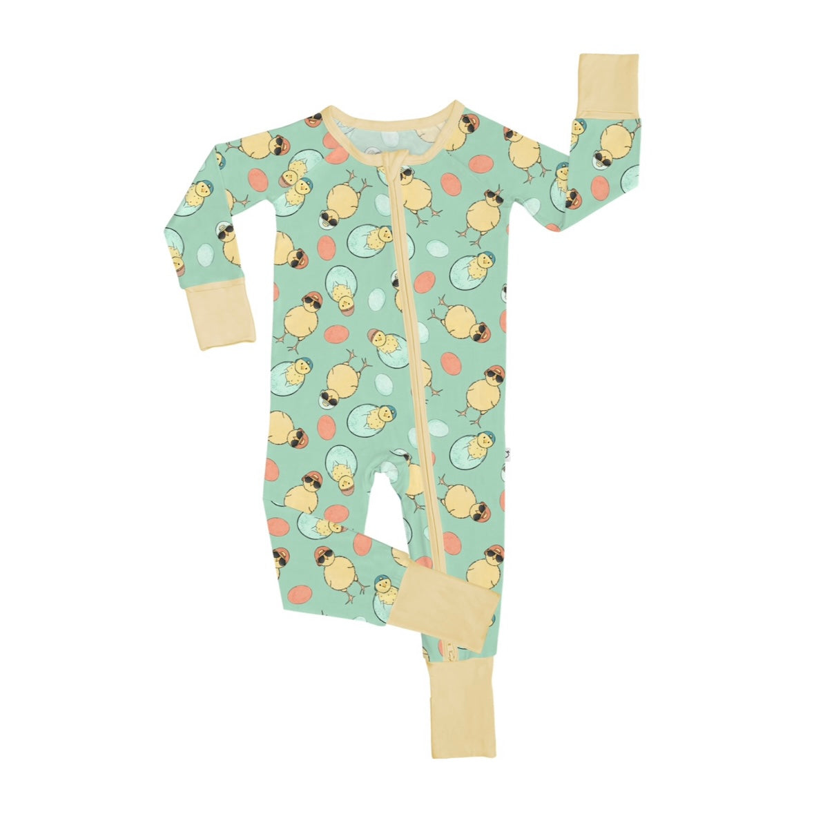 The Cool Chick • Bamboo Zippy (Updated Fit) is a baby onesie with a light teal background, yellow chicks, colorful eggs, and peach cuffs. Made from soft bamboo fabric, it features a neck-to-leg diagonal zipper for easy changes.