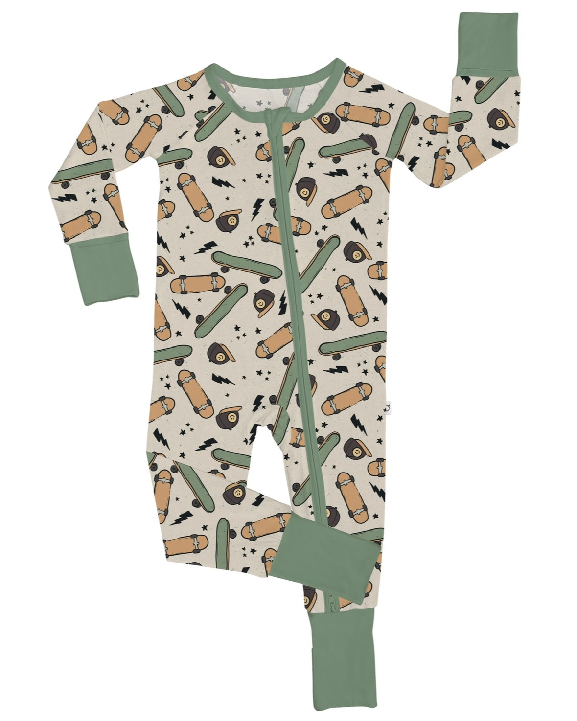 The Skater Vibes • Bamboo Zippy (Updated Fit) is a baby romper made from soft bamboo fabric, featuring long sleeves, green cuffs, a whimsical avocado and toast print, and a convenient full-length front zipper for easy dressing.