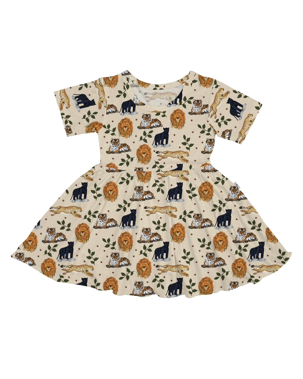 The Safari Friends • Twirl Dress is a cream-colored, short-sleeved bamboo dress with a flared skirt, featuring earthy-toned prints of lions, leopards, black panthers, and leafy branches.