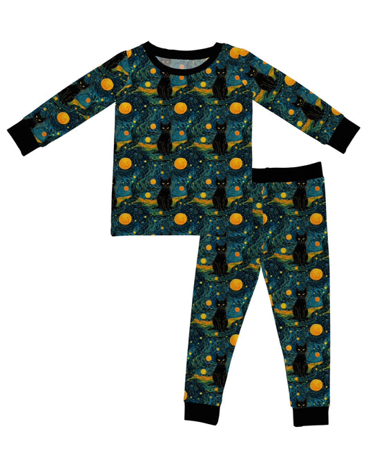 The Starry Cats • 2 Piece Bamboo Set (Updated Fit) features a Van Gogh-inspired starry night print with swirling blue, yellow, and playful black cats. Made from super stretchy bamboo fabric with black cuffs for all-night comfort.