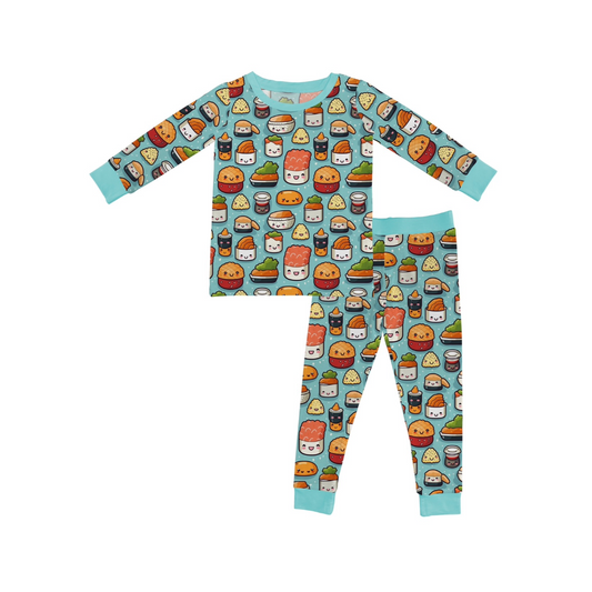 The Sushi Rolls • 2 Piece Bamboo Set (Updated Fit) features a colorful sushi and Asian food print on light blue, made from super stretchy fabric; includes a long-sleeve top and matching pants for all-night comfort.