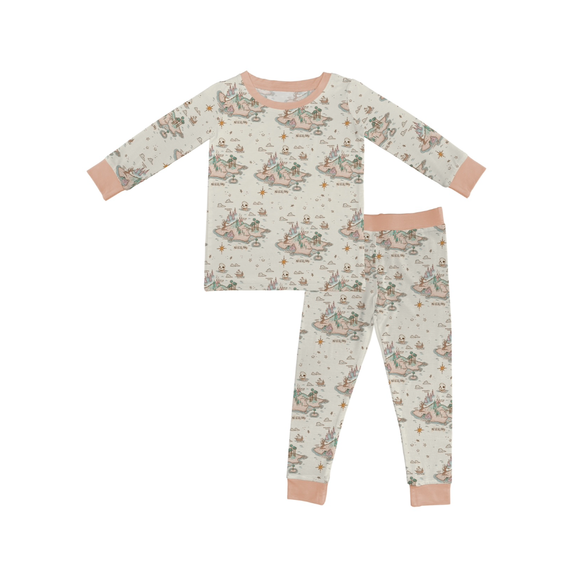 The Never Neverland • 2 Piece Bamboo Set (Updated Fit) features long sleeves and pants in super stretchy fabric with a whimsical woodland animal and tree print on a light background, finished with light pink cuffs and collar. Laid flat on a white surface.