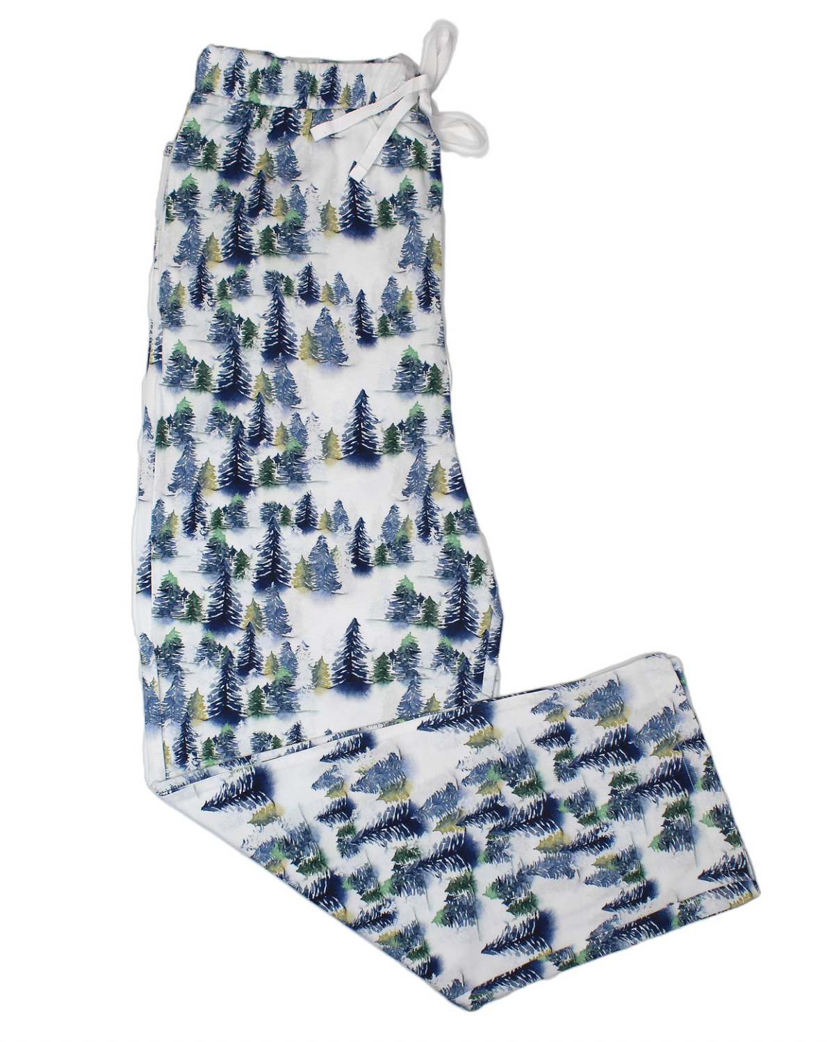 Snowy Trees • Mens Bamboo Pants: White bamboo viscose pajama pants featuring an all-over print of green, blue, and black trees. Folded with a visible drawstring waistband; gentle on sensitive skin.