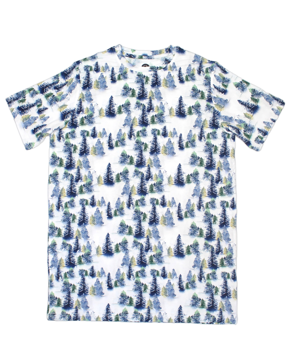 The Snowy Trees • Unisex Bamboo Tee is a short-sleeved white shirt with watercolor-style green and blue evergreen trees, crafted from soft bamboo—ideal for sensitive skin. Shown laid flat against a white background.