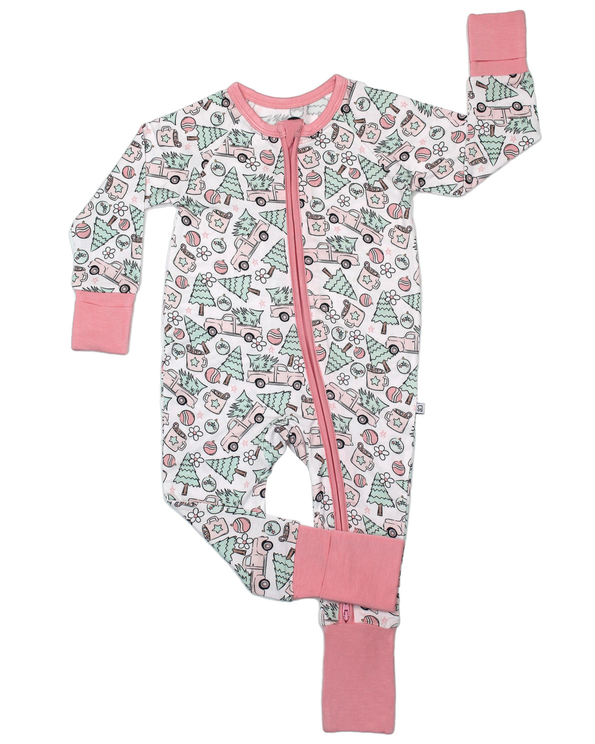 The Pink Trucks • Bamboo Zippy (Updated Fit) is a baby onesie made from soft bamboo, featuring a festive holiday print with trees, ornaments, gifts, pink cuffs and neckline, and a pink zipper running diagonally from neck to leg.