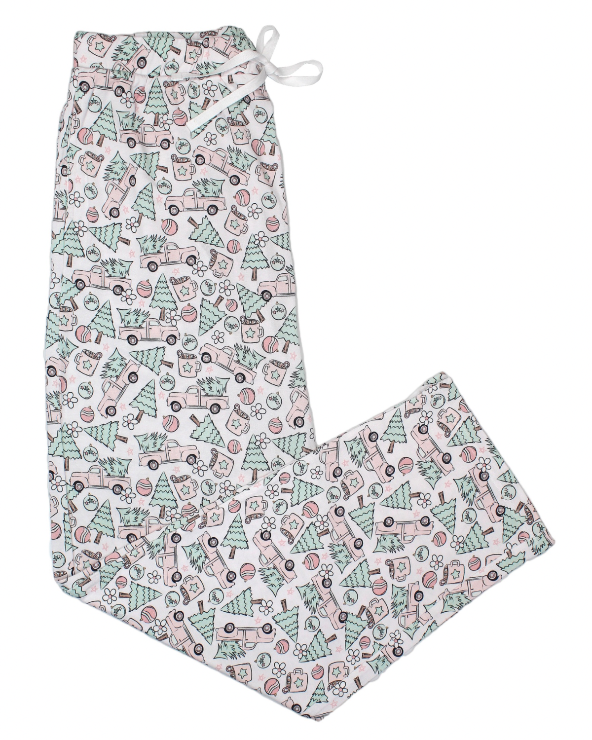 Pink Trucks • Mens Bamboo Pants: White bamboo viscose pants with colorful pink truck prints. Ultra-soft, gentle on eczema-prone skin, and comfortable for all seasons.