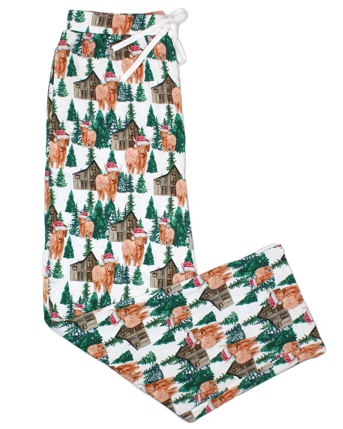 Santa Cows • Mens Bamboo Pants feature Highland cows in Santa hats, cabins, and pine trees on a white bamboo viscose fabric—soft, eczema-friendly, with an adjustable drawstring waist for comfort.