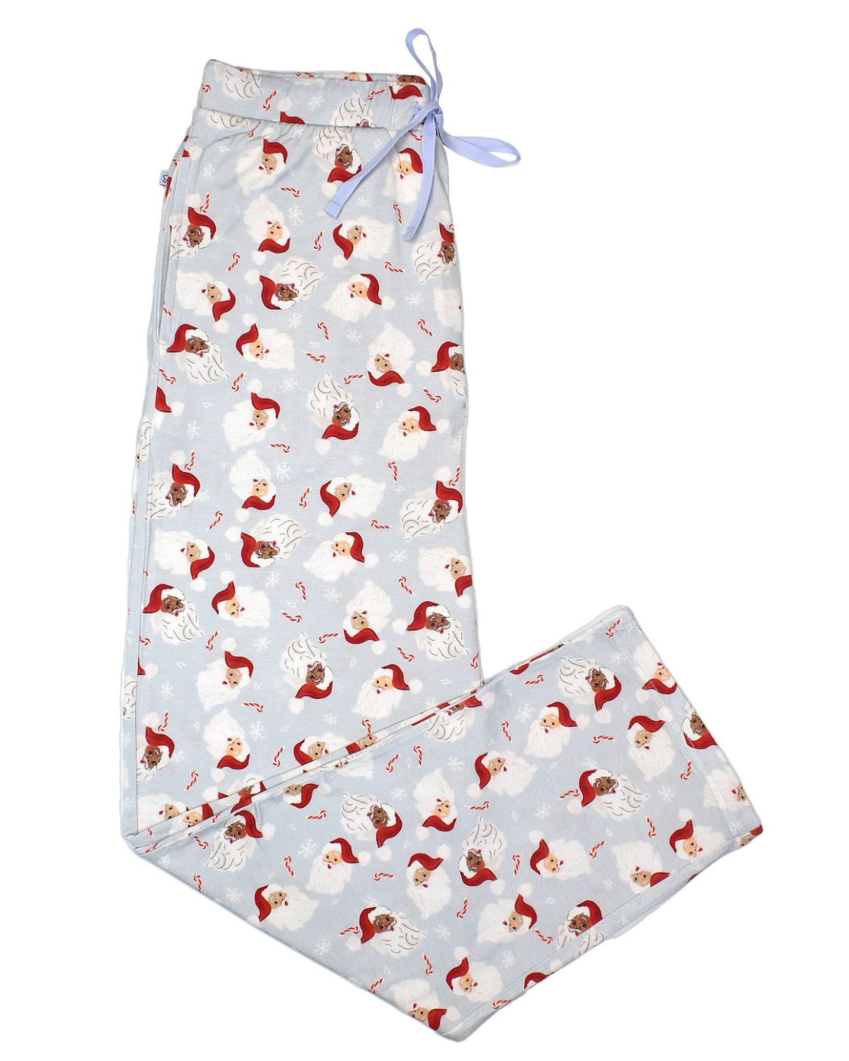 Vintage Santa • Mens Bamboo Pants feature a light blue design with Santa faces and candy canes, a blue ribbon drawstring waist, and ultra-soft bamboo viscose thats gentle on eczema-prone skin.