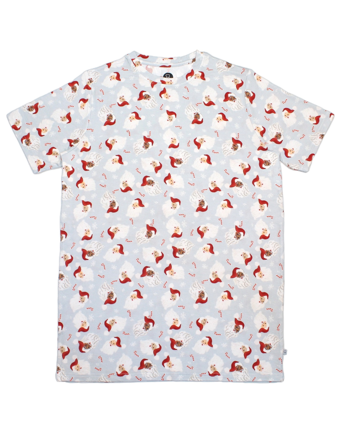 The Vintage Santa • Unisex Bamboo Tee is a light blue short-sleeve shirt with a festive Santa face and red hat print. Made from soft bamboo viscose, its gentle on sensitive skin. Shirt shown laid flat on a white background.