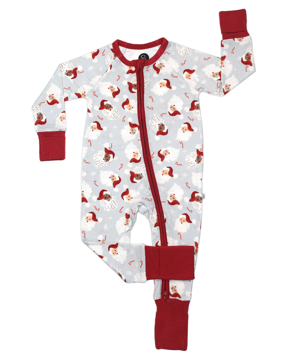 The Vintage Santa • Bamboo Zippy (Updated Fit) is a light gray baby onesie with red cuffs and trim, featuring Santa Claus, candy canes, and snowflakes. Made from soft bamboo fabric with a diagonal zipper from neckline to leg.