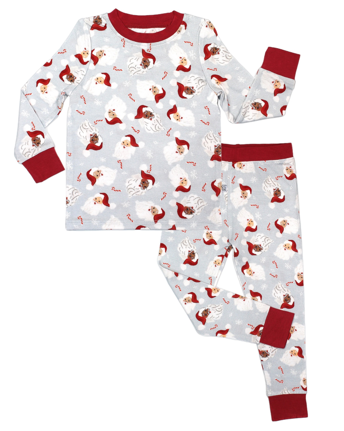 The Vintage Santa • 2 Piece Bamboo Set (Updated Fit) features a festive Santa and candy cane print on light gray, soft bamboo—ideal for sensitive skin. Includes long sleeves, pants, and red cuffs and collar for cozy comfort.