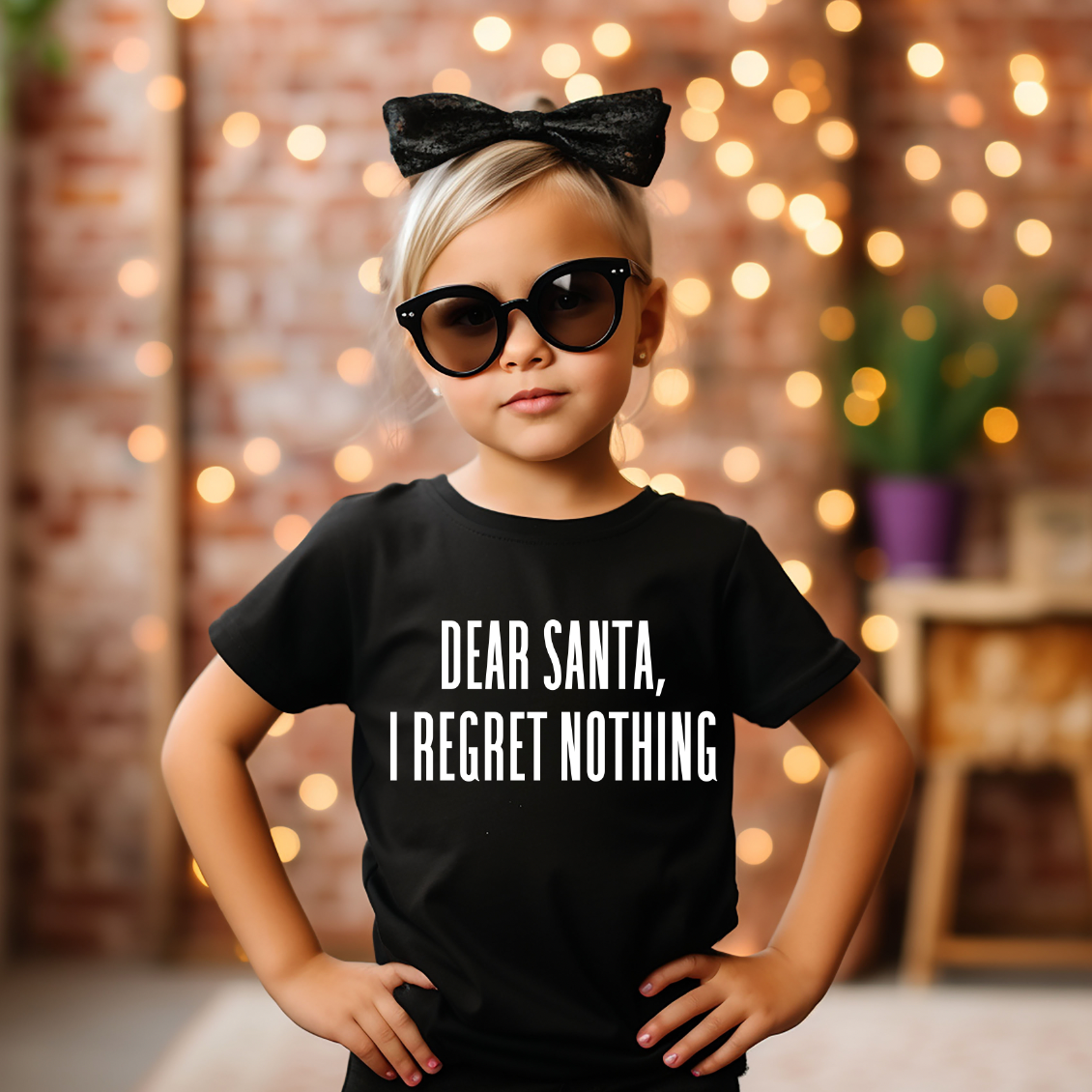 A confident young girl in sunglasses, a black bow headband, and a Dear Santa • Kids Tee stands with hands on hips in a festive room with blurred holiday lights in the background.