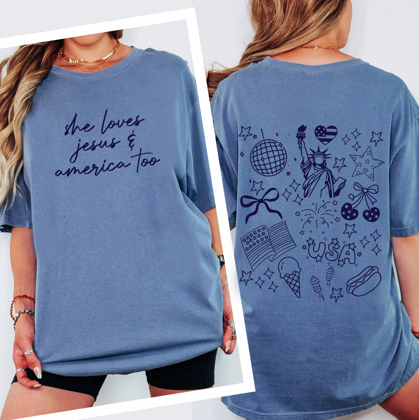 A woman wears the Jesus & America Too Comfort Colors Tee, featuring “she loves jesus & america too” on the front and playful doodles—Statue of Liberty, Bible, disco ball—on soft garment-dyed fabric.