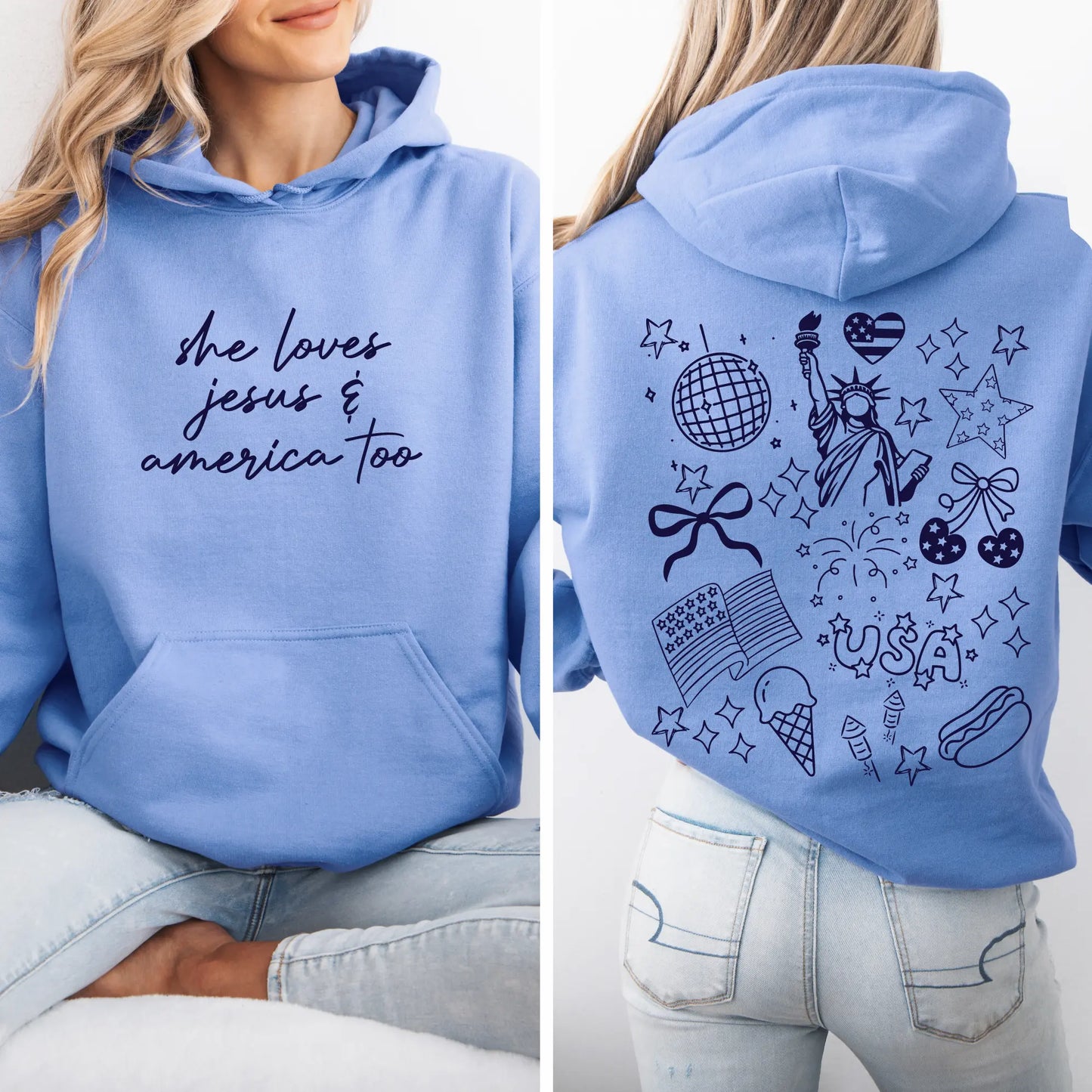A woman wears a neon pink Iced Coffee & Sunshine hoodie. The unisex fleece features fun, playful graphics inspired by summer vibes, making it a bright and cheerful statement piece for any casual outing.