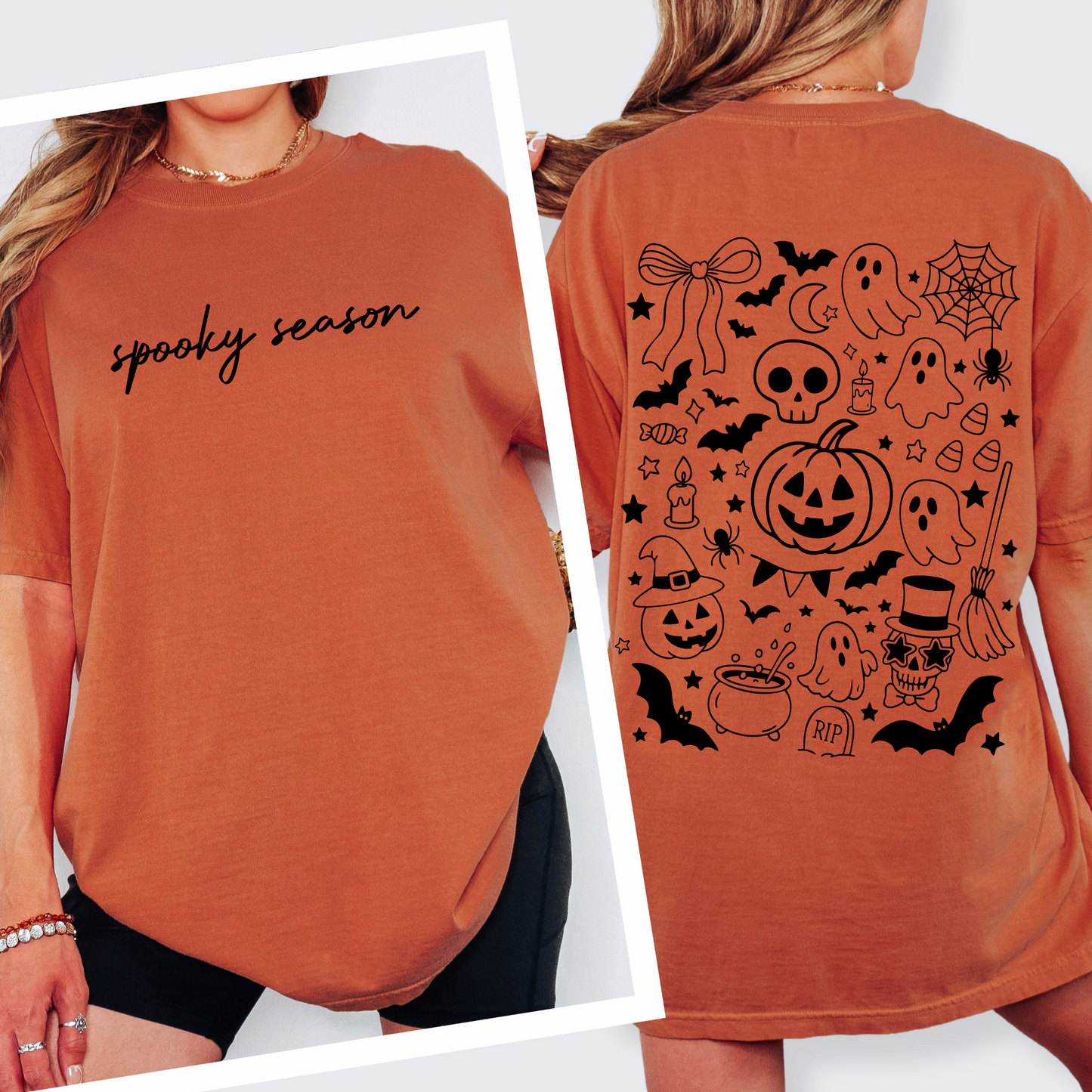 A person wears the Spooky Season • Comfort Tee in orange, featuring spooky season in black script on the front and Halloween-themed black illustrations on the back—ideal for any Zombie wardrobe.