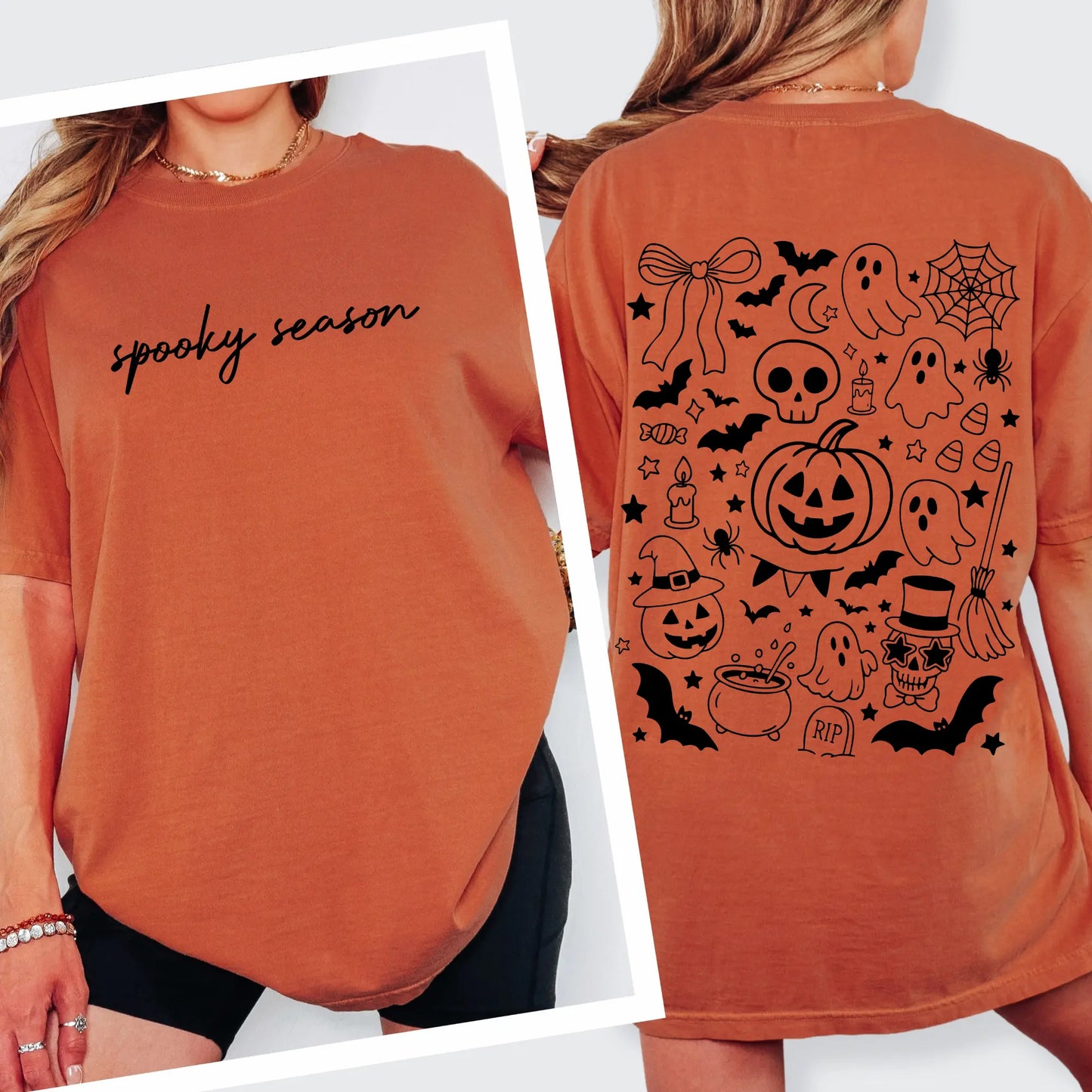 A person wears the Spooky Season • Comfort Tee in orange, featuring spooky season in black script on the front and Halloween-themed black illustrations on the back—ideal for any Zombie wardrobe.