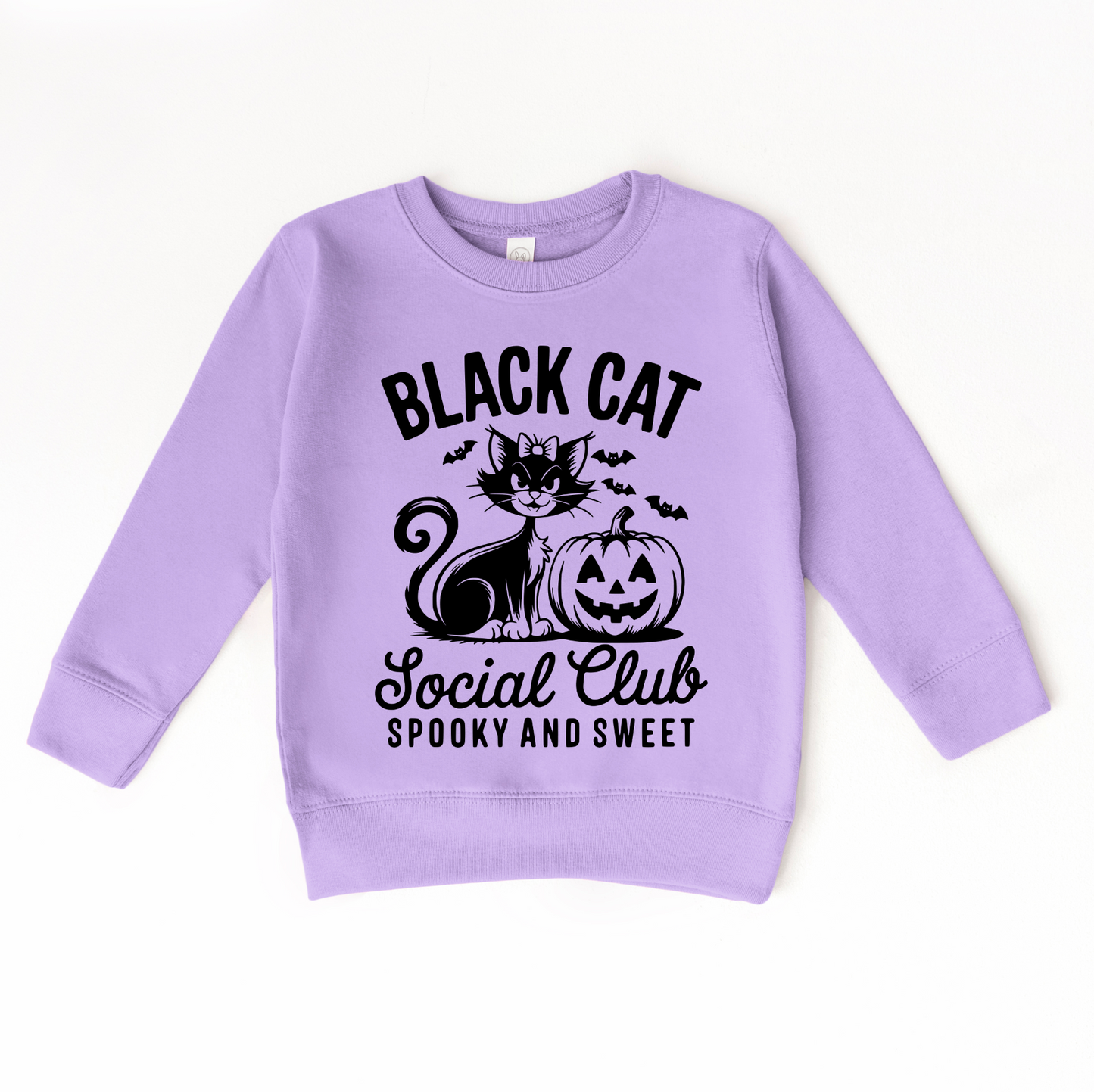 The Black Cat Social Club • Kids Pullover is a lavender black sweatshirt featuring a smiling cat with a bow, pumpkin, bats, and BLACK CAT Social Club SPOOKY AND SWEET text. Available in kids unisex sizing for the perfect fit.