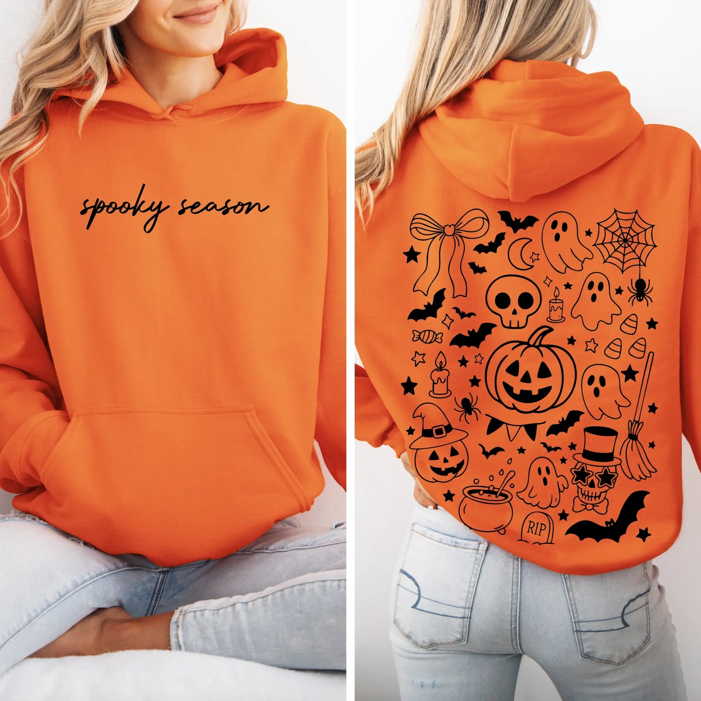A woman wears the Spooky Season • Neon Orange Hoodie with “spooky season” in black script on the front and black Halloween-themed graphics—ghosts, pumpkins, bats, candy, and stars—on the back.