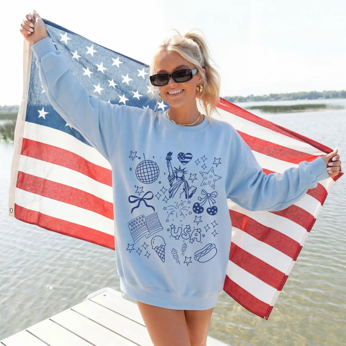 USA Doodle • Blue Pullover River Babe Threads