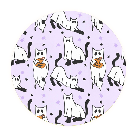 Cozy Ghost Cats • Bamboo Zippy (Classic Fit) features cartoon black cats dressed as ghosts, some holding jack-o’-lanterns, on a light purple background with starry details—all crafted in soft bamboo viscose for comfort.