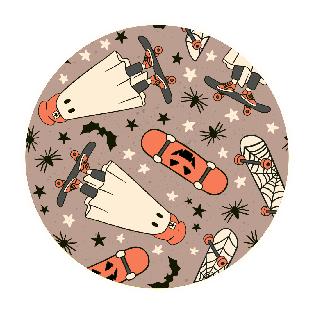 The Skater Ghosts • Bamboo Zippy (Classic Fit) features cartoon ghosts skateboarding with bats, spiders, spider webs, and orange skateboards on a beige dotted background—printed on soft bamboo fabric that’s perfect for sensitive skin.