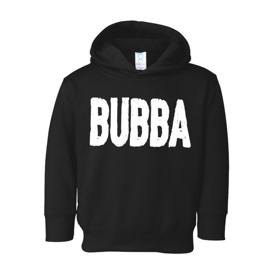 The Bubba Hoodie • Black features BUBBA in bold white letters—an ideal playful addition to any minis wardrobe or for matching with sibling styles.