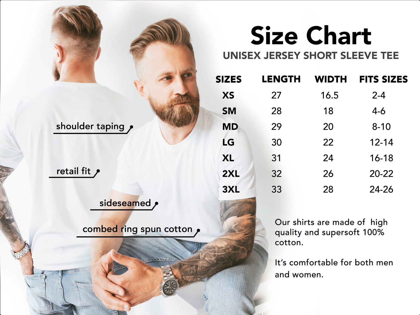 A bearded man sits facing forward with his back shown, wearing the DILF • Black Tee. Next to him is a Bella Canvas unisex jersey short sleeve tee size chart displaying measurements and fit sizes from XS to 3XL.