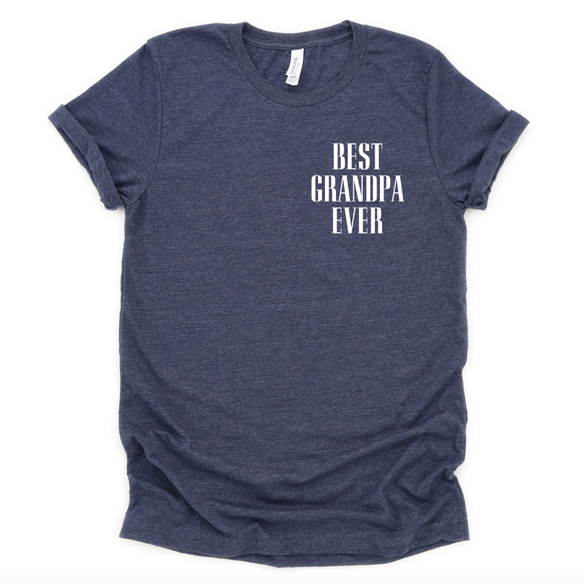 The BEST GRANDPA • Ht. Navy Tee is a unisex, true-to-size heather navy shirt with BEST GRANDPA EVER in bold white on the upper left chest—perfect for supporting small businesses.