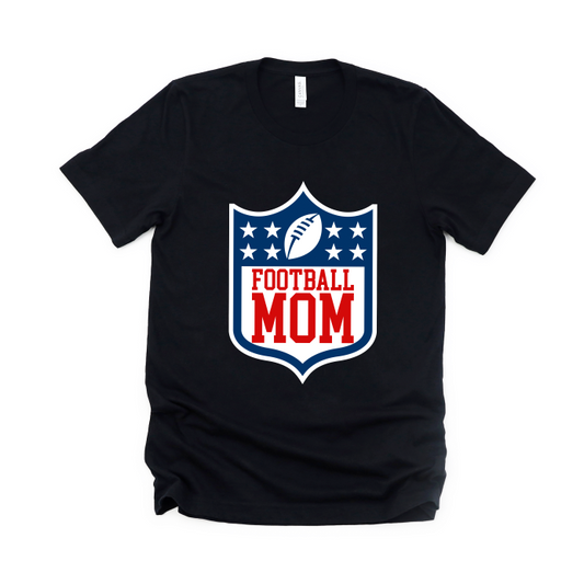 Football Mom • Black Tee Shirt from the Sports Mom Collection features a shield with stars, football, bold red and white Football Mom print on front, and a comfy Bella/Canvas unisex fit.