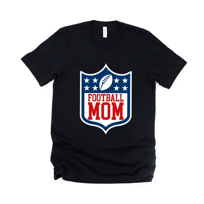 Football Mom • Black Tee Shirt from the Sports Mom Collection features a shield with stars, football, bold red and white Football Mom print on front, and a comfy Bella/Canvas unisex fit.