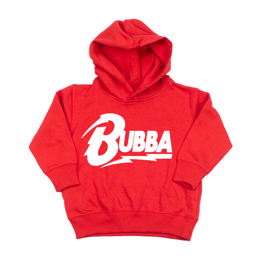 The Bubba Bowie • Red Hoodie is a unisex fit red fleece pullover featuring BUBBA in bold white letters and a stylized lightning design on the front, inspired by Bowie for a standout look.