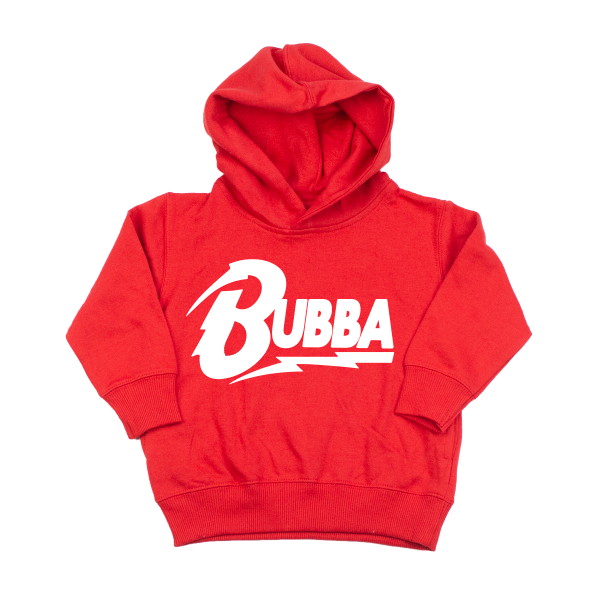 The Bubba Bowie • Red Hoodie is a unisex fit red fleece pullover featuring BUBBA in bold white letters and a stylized lightning design on the front, inspired by Bowie for a standout look.