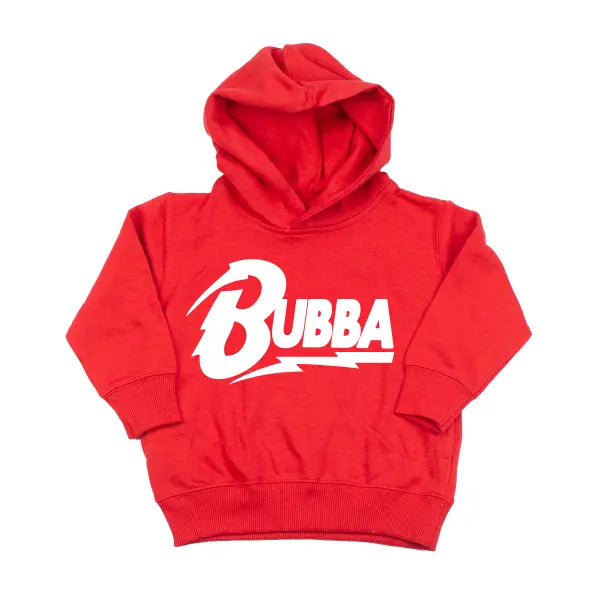 The Bubba Bowie • Red Hoodie is a unisex fit red fleece pullover featuring BUBBA in bold white letters and a stylized lightning design on the front, inspired by Bowie for a standout look.