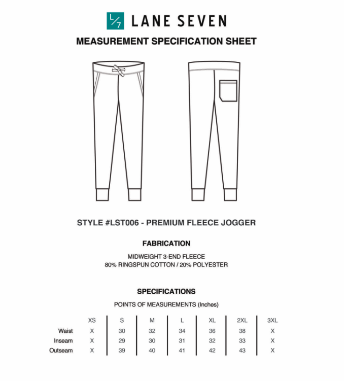 Black and white technical drawing of Just Mom It • Black Joggers, front and back views. Size chart (XS-3XL) for waist, inseam, outseam. Fabric: 80% cotton, 20% polyester. Unisex loungewear by Lane Seven.